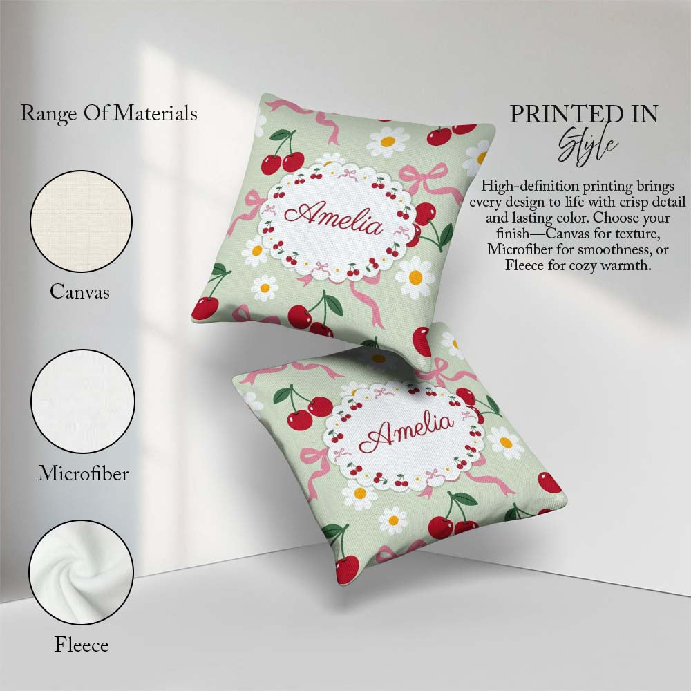 Custom Name Cherry and Daisy Flowers with Pink Ribbon Bows Green Square Filled Cushion Throw Pillow Sofa Bed Home Decor Zip Washable UK Made
