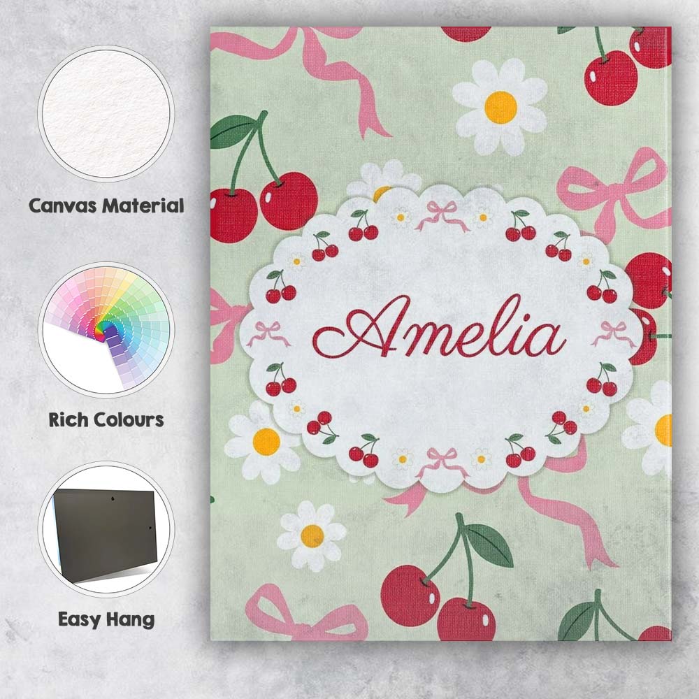 Personalised Name Cute Cherry and Daisy Custom Modern Room Accent Elegant Feature Canvas Wall Art Print Decor Picture Ready to Hang