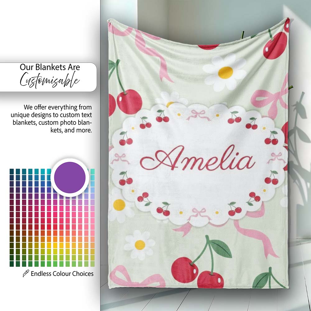 Cute Cherry and Daisy Flowers with Pink Ribbon Bows Sage Green Personalised Custom Name Super Soft Fleece Blanket Bed Sofa Throw