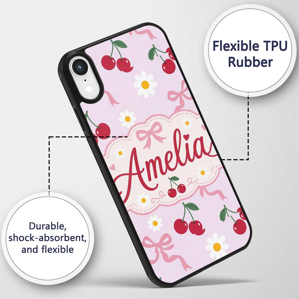 Cute Cherry and Daisy Flowers with Pink Ribbon Custom Name Protective Phone Case Mobile Cover Durable Everyday Smartphone Shock Resistant