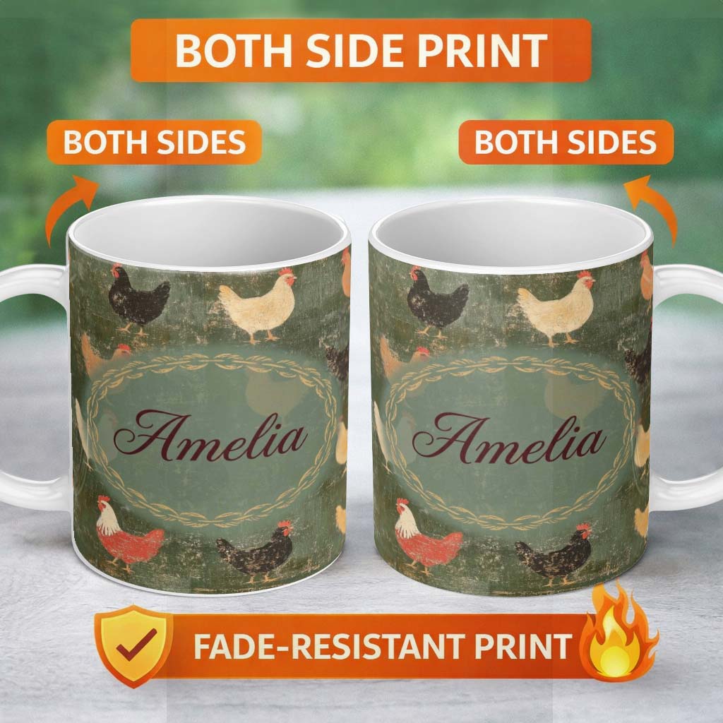 Personalized Custom Name Rustic Chicken Hen Farmyard on Distressed Green Background Seamless 11oz Ceramic Coffee Tea Mug White Large Handle