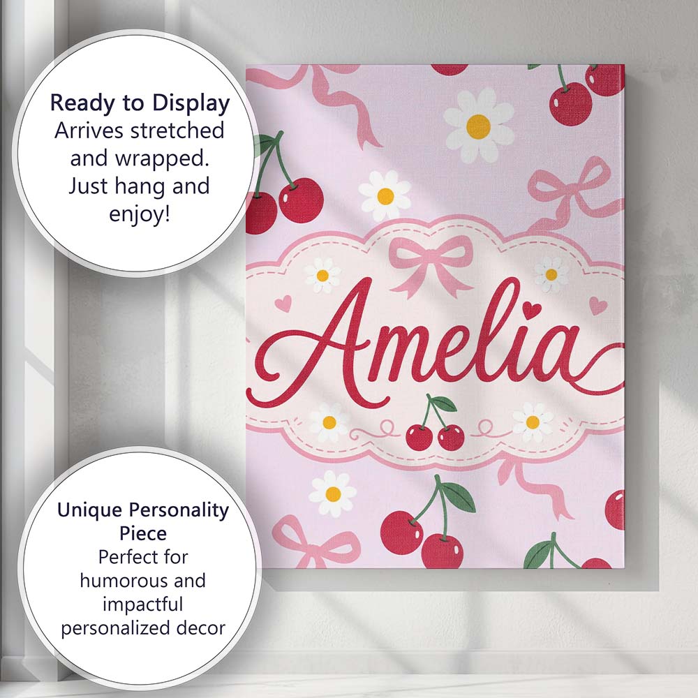 Personalised Name Cute Cherry and Daisy Custom Modern Room Accent Elegant Feature Canvas Wall Art Print Decor Picture Ready to Hang