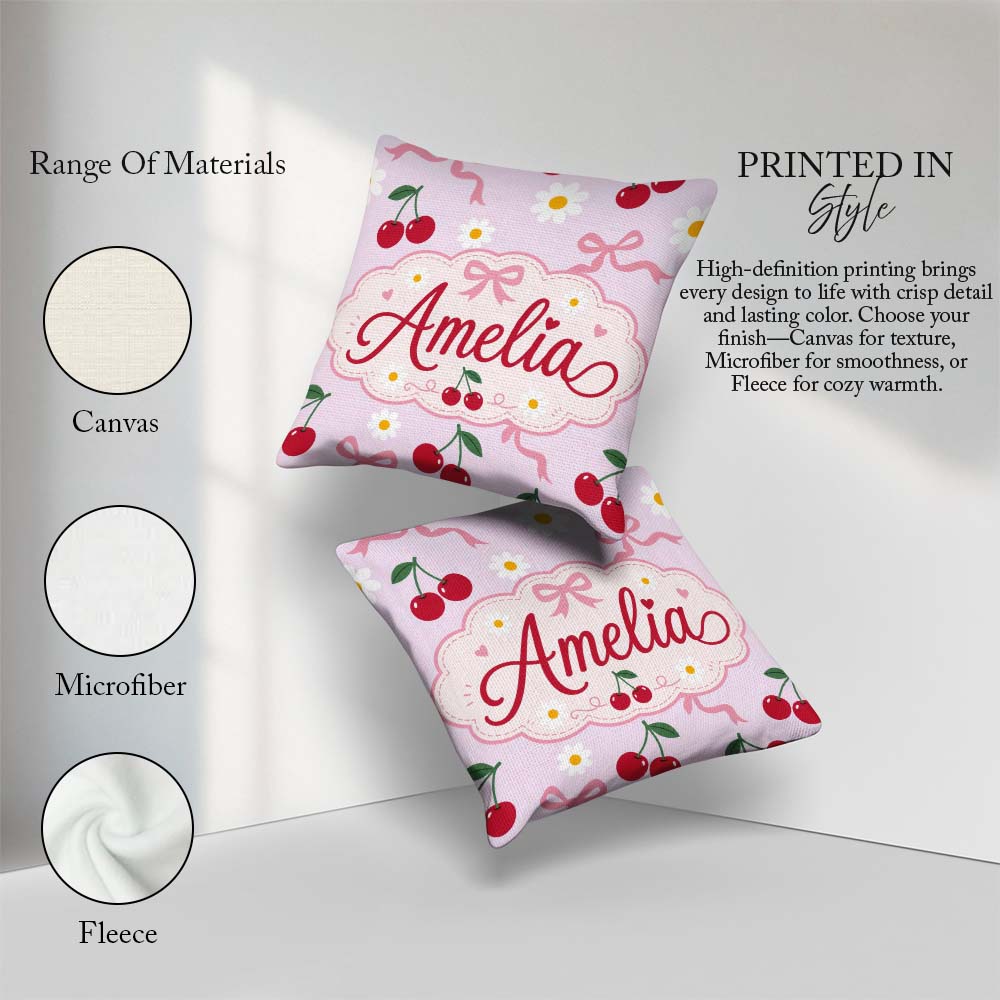 Custom Name Cherry and Daisy Flowers with Pink Ribbon Bows Lilac Square Filled Cushion Throw Pillow Sofa Bed Home Decor Zip Washable UK Made