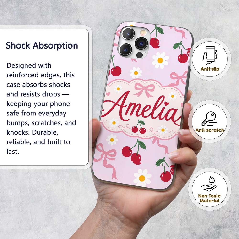 Cute Cherry and Daisy Flowers with Pink Ribbon Custom Name Protective Phone Case Mobile Cover Durable Everyday Smartphone Shock Resistant