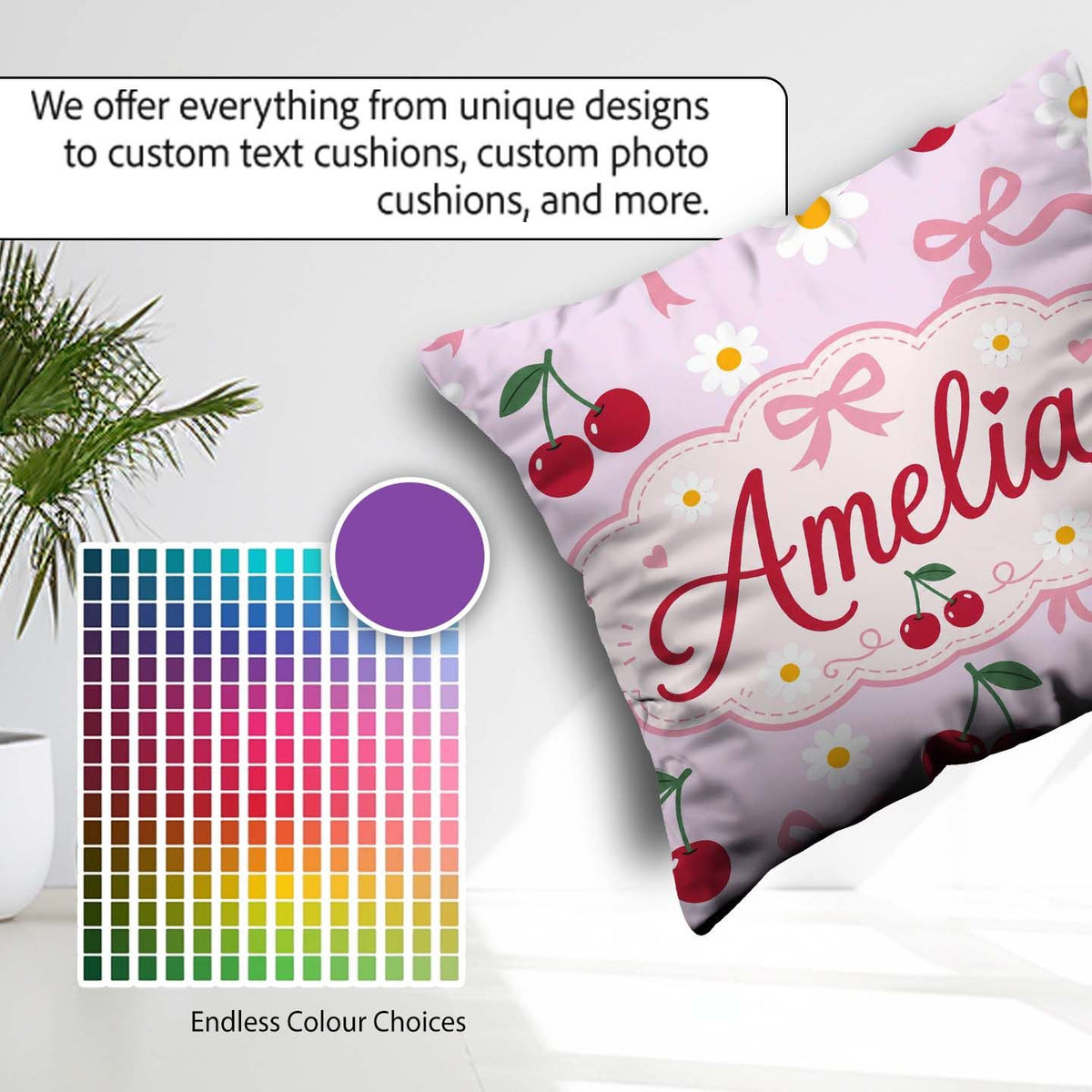 Custom Name Cherry and Daisy Flowers with Pink Ribbon Bows Lilac Square Filled Cushion Throw Pillow Sofa Bed Home Decor Zip Washable UK Made