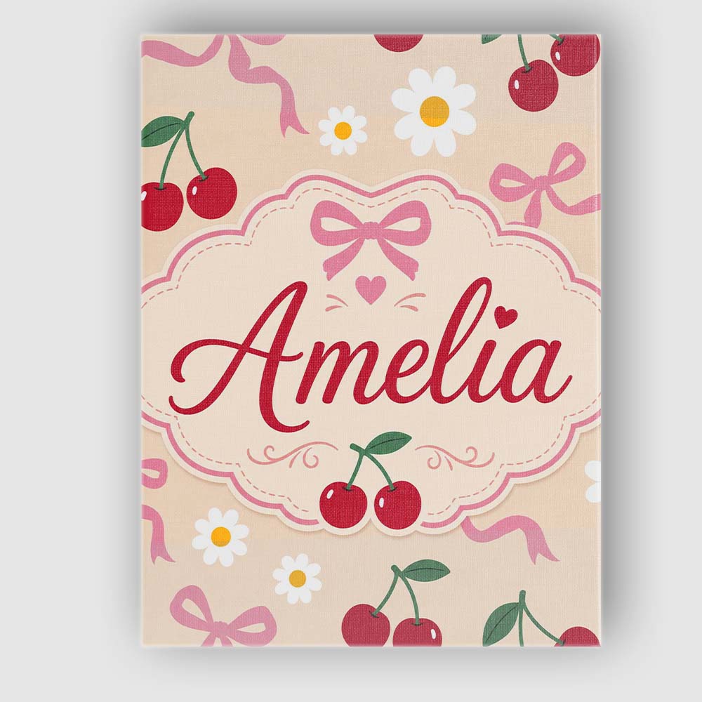 Personalised Name Cute Cherry and Daisy Custom Modern Room Accent Elegant Feature Canvas Wall Art Print Decor Picture Ready to Hang
