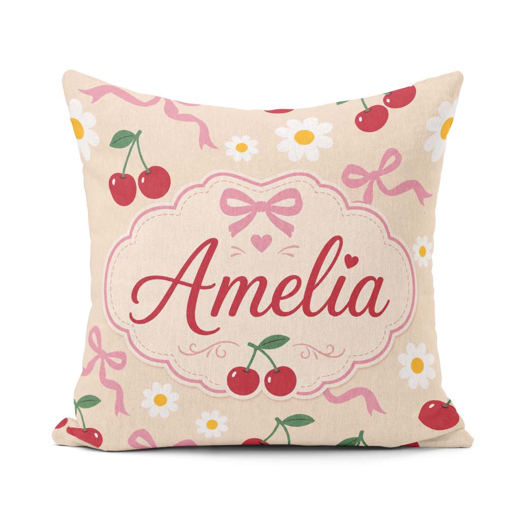 Custom Name Cherry and Daisy Flowers with Pink Ribbon Bows Beige Square Filled Cushion Throw Pillow Sofa Bed Home Decor Zip Washable UK Made