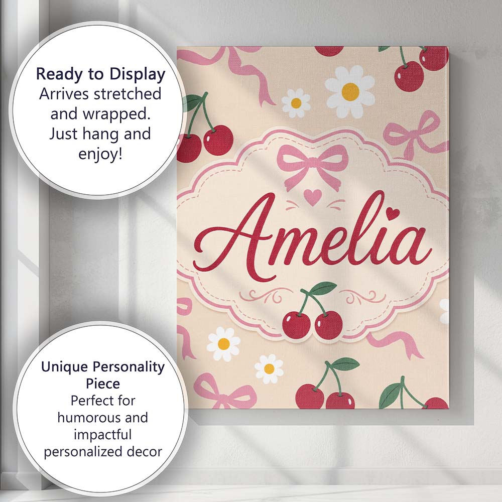 Personalised Name Cute Cherry and Daisy Custom Modern Room Accent Elegant Feature Canvas Wall Art Print Decor Picture Ready to Hang
