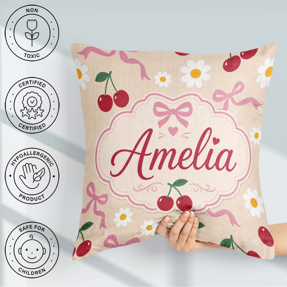 Custom Name Cherry and Daisy Flowers with Pink Ribbon Bows Beige Square Filled Cushion Throw Pillow Sofa Bed Home Decor Zip Washable UK Made