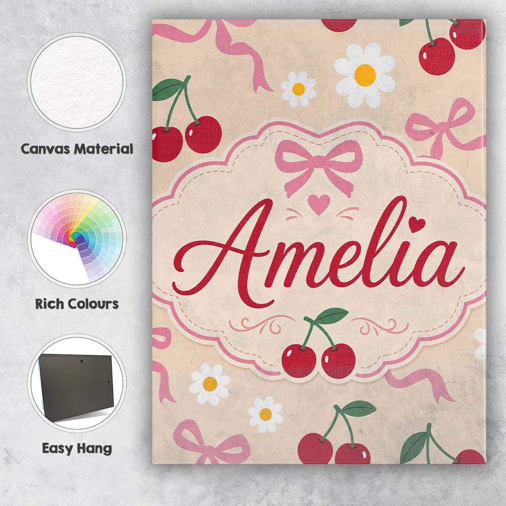 Personalised Name Cute Cherry and Daisy Custom Modern Room Accent Elegant Feature Canvas Wall Art Print Decor Picture Ready to Hang