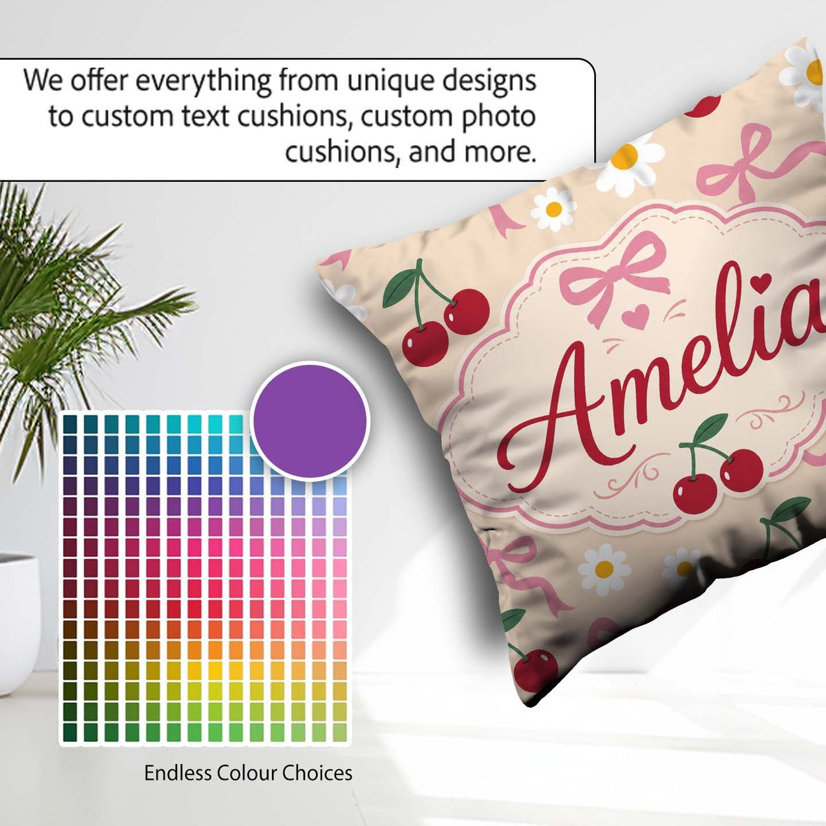 Custom Name Cherry and Daisy Flowers with Pink Ribbon Bows Beige Square Filled Cushion Throw Pillow Sofa Bed Home Decor Zip Washable UK Made