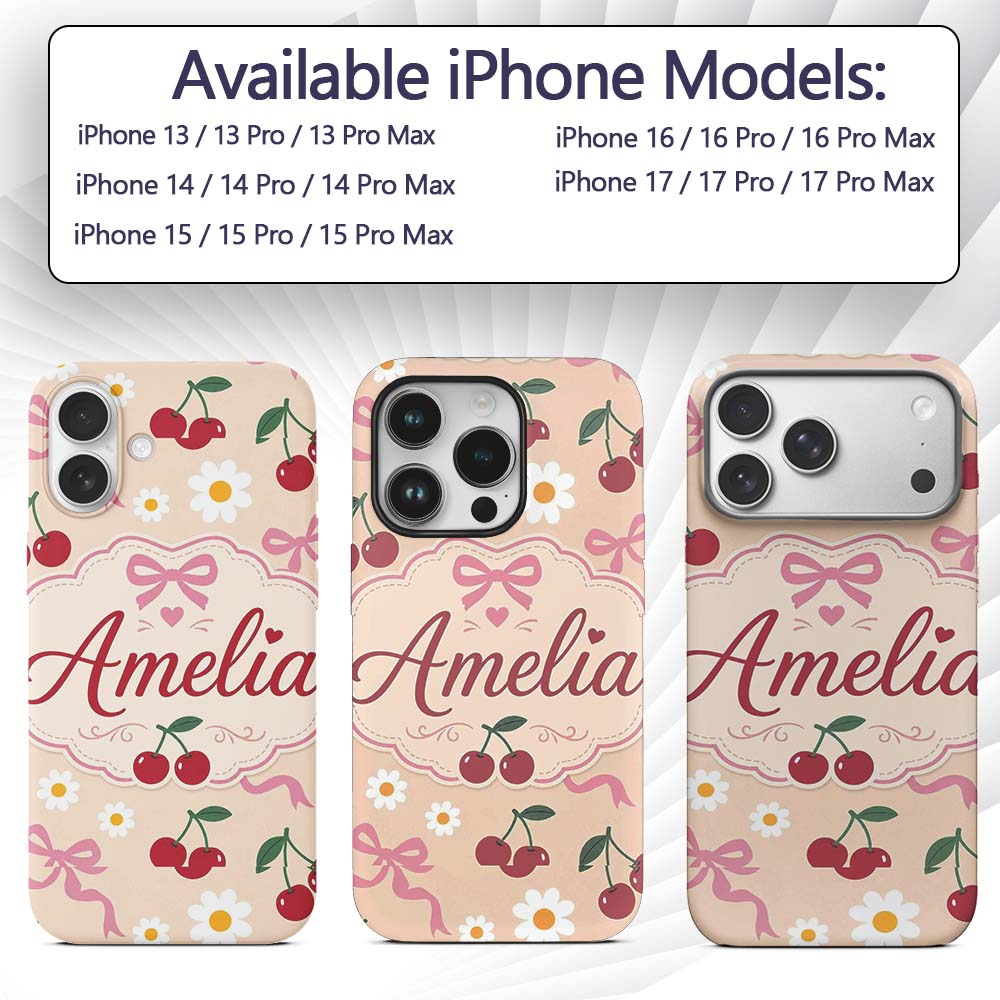 Cute Cherry and Daisy Flowers with Pink Ribbon Custom Name Protective Phone Case Mobile Cover Durable Everyday Smartphone Shock Resistant