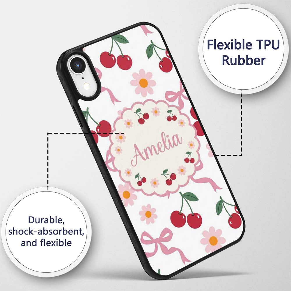 Cute Cherry and Daisy Flowers with Pink Ribbon Custom Name Protective Phone Case Mobile Cover Durable Everyday Smartphone Shock Resistant