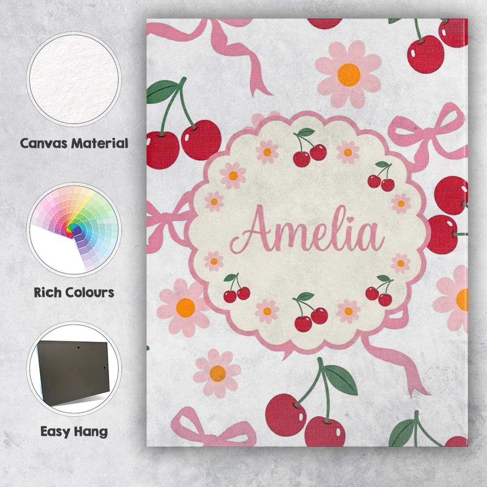 Personalised Name Cute Cherry and Daisy Custom Modern Room Accent Elegant Feature Canvas Wall Art Print Decor Picture Ready to Hang