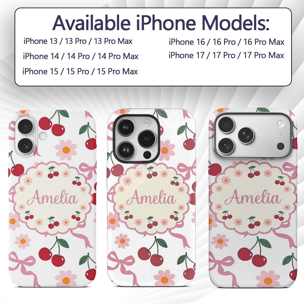 Cute Cherry and Daisy Flowers with Pink Ribbon Custom Name Protective Phone Case Mobile Cover Durable Everyday Smartphone Shock Resistant