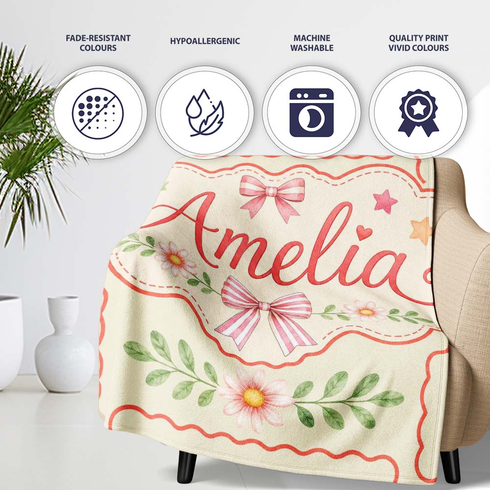 Cute Cherry and Daisy Flowers with Pink Ribbon Bows Pattern White Personalised Custom Name Super Soft Fleece Blanket Bed Sofa Throw