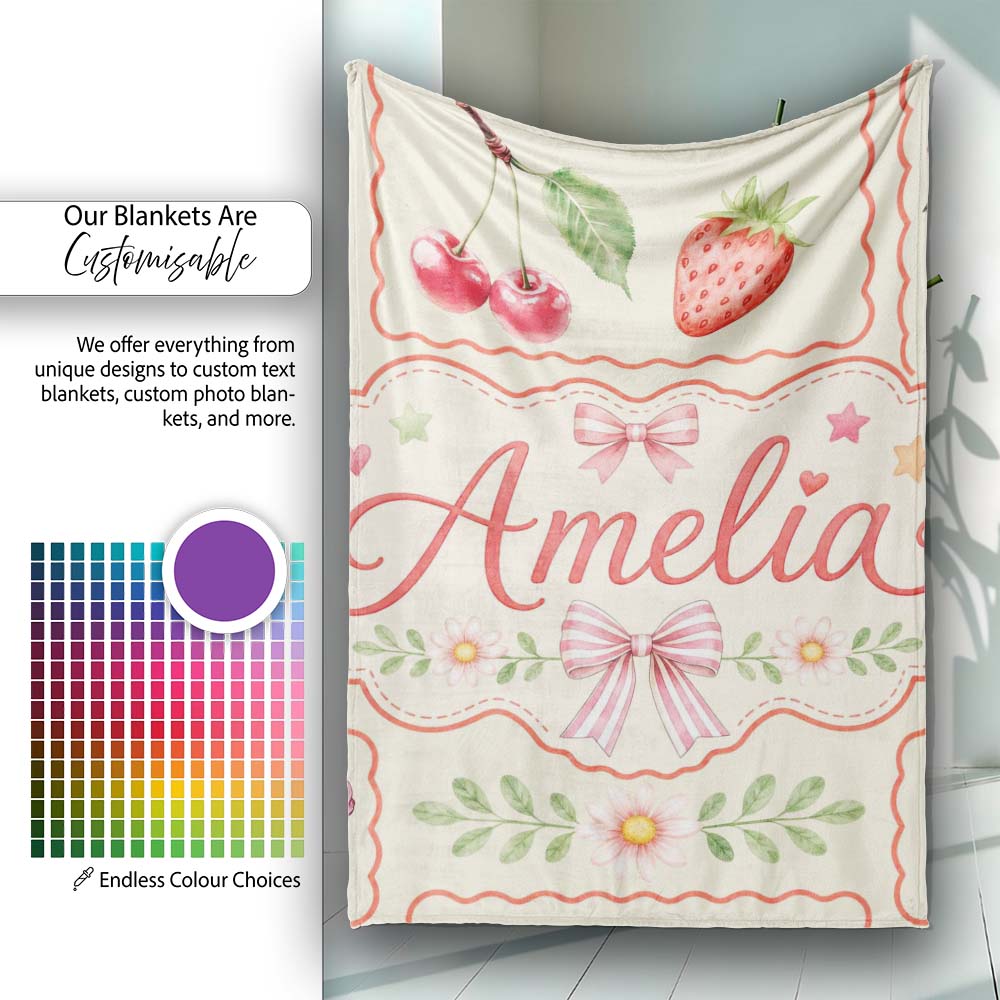 Cute Cherry and Daisy Flowers with Pink Ribbon Bows Pattern White Personalised Custom Name Super Soft Fleece Blanket Bed Sofa Throw