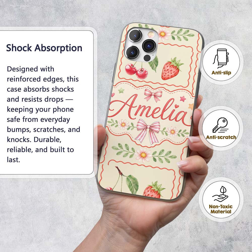 Cute Cherry and Daisy Flowers with Pink Ribbon Custom Name Protective Phone Case Mobile Cover Durable Everyday Smartphone Shock Resistant