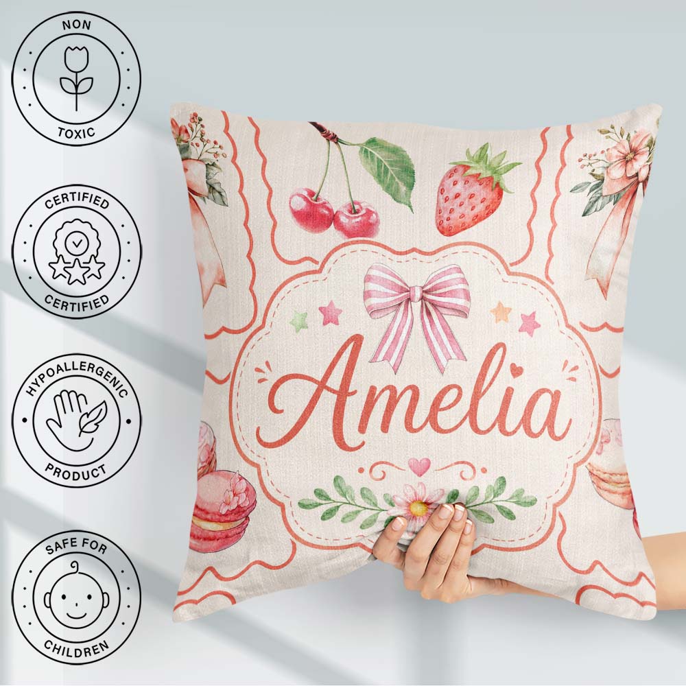 Custom Name Watercolor Cherry Strawberry Bow Macaron Frame Cream Square Filled Cushion Throw Pillow Sofa Bed Home Decor Zip Washable UK Made