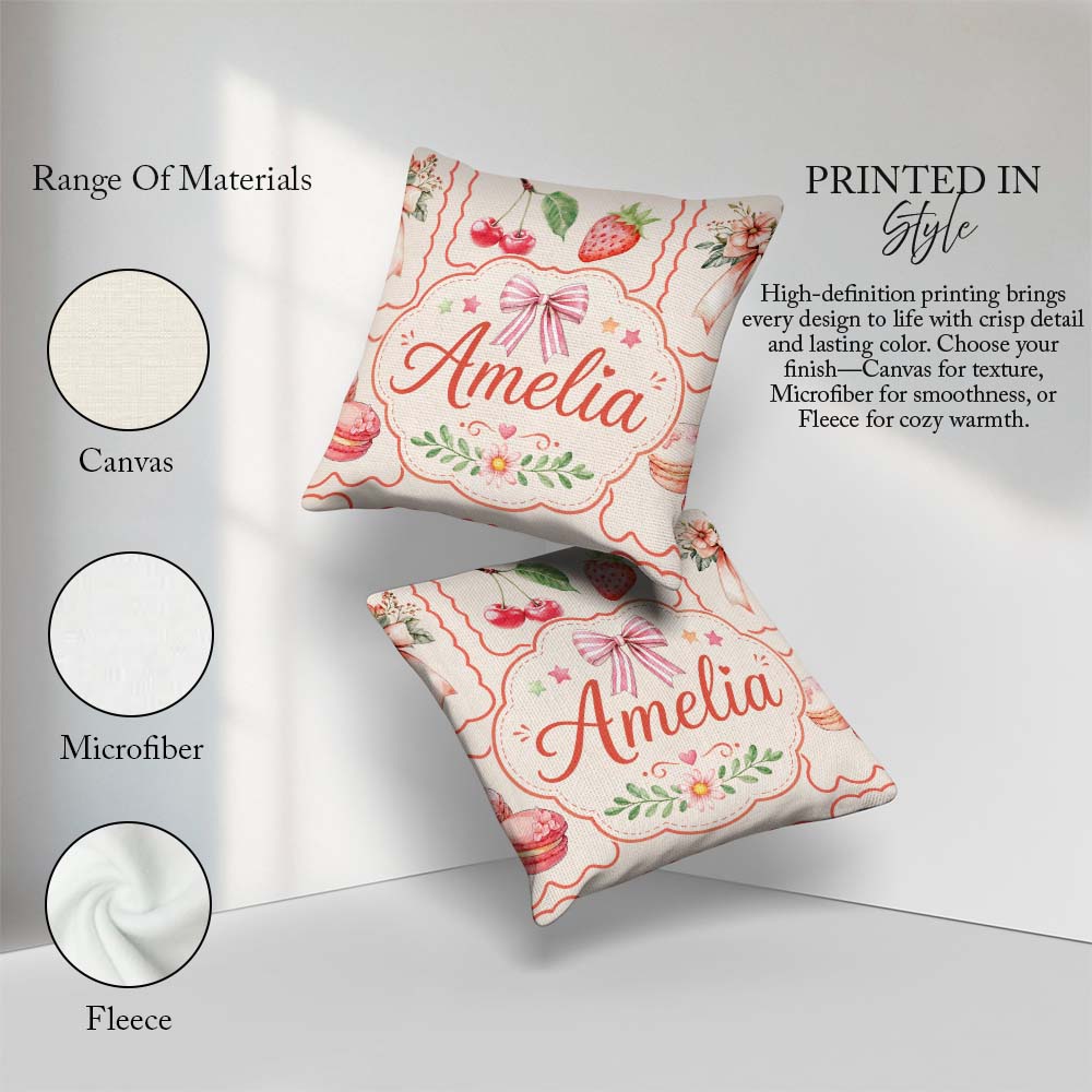 Custom Name Watercolor Cherry Strawberry Bow Macaron Frame Cream Square Filled Cushion Throw Pillow Sofa Bed Home Decor Zip Washable UK Made