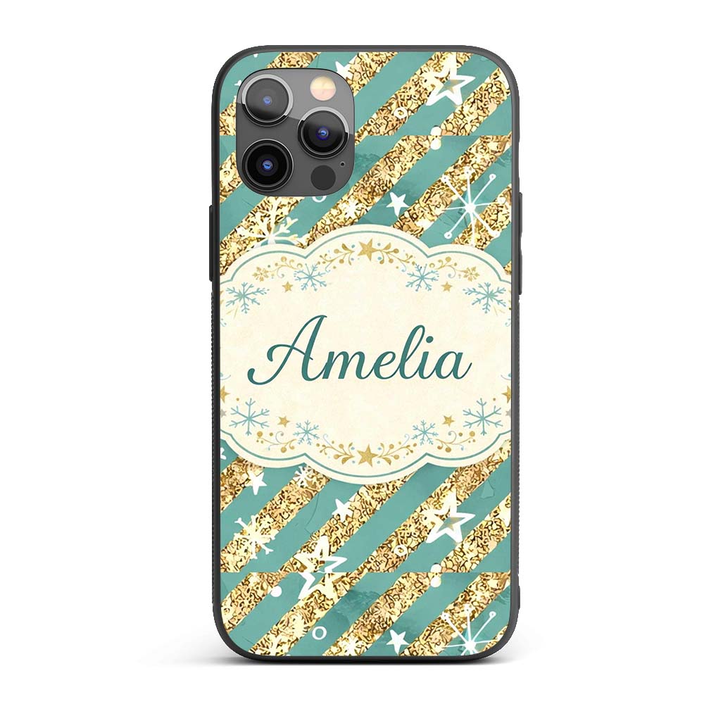 Gold Glitter Stripe Stars Snowflakes Festive Custom Name Protective Phone Case Mobile Cover Durable Everyday Smartphone Shock Resistant