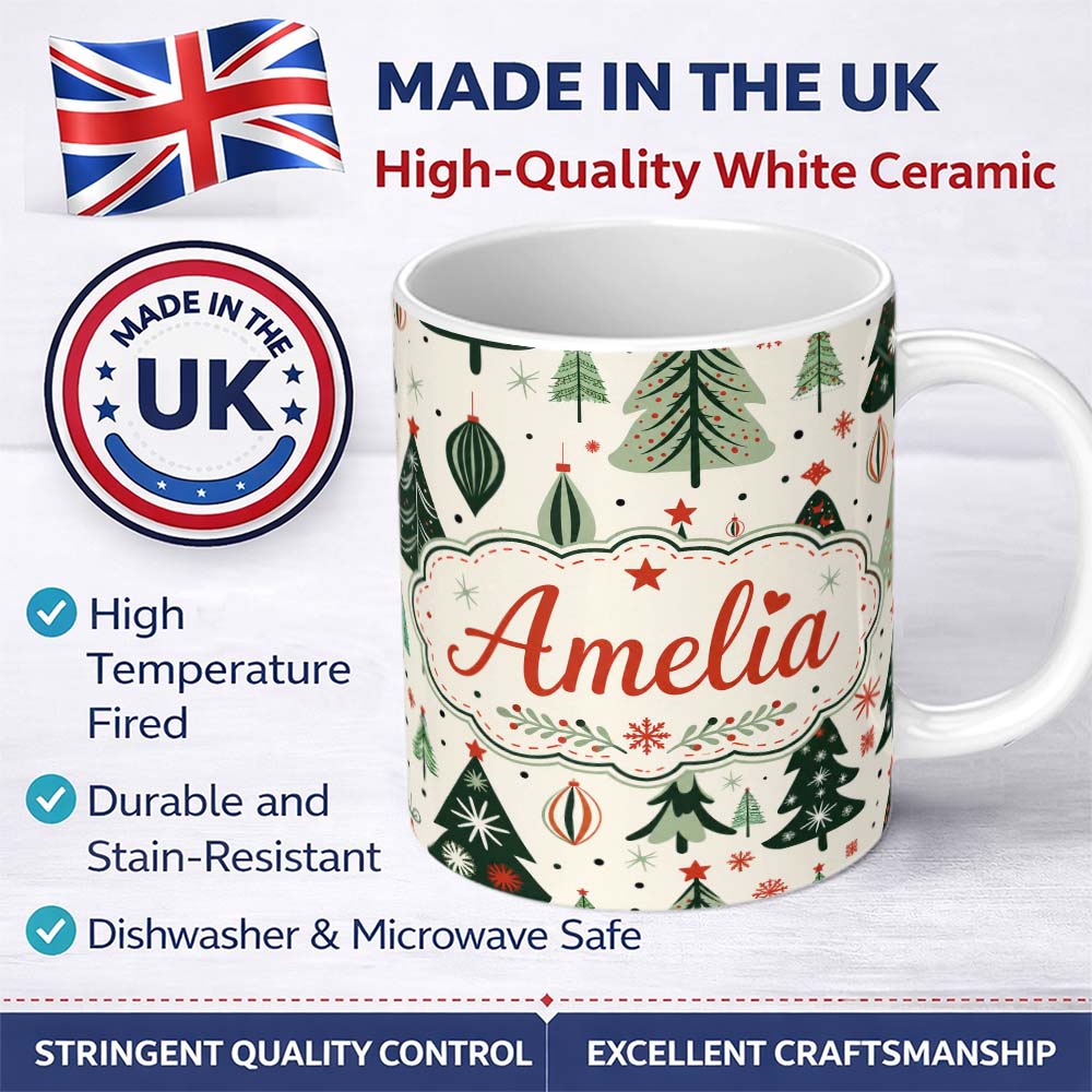 Personalized Custom Name Modern Christmas Trees Ornaments Stars Festive Seamless Pattern 11oz Ceramic Coffee Tea Mug White Large Handle