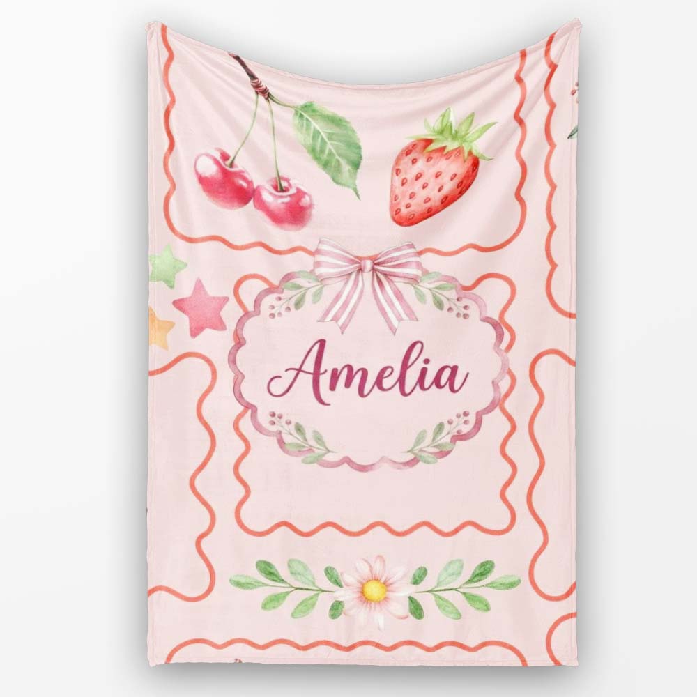 Watercolor Cherry Strawberry Bow Macaron Dessert Frame Blush Pink Personalised Custom Name Super Soft Fleece Blanket Bed Sofa Throw