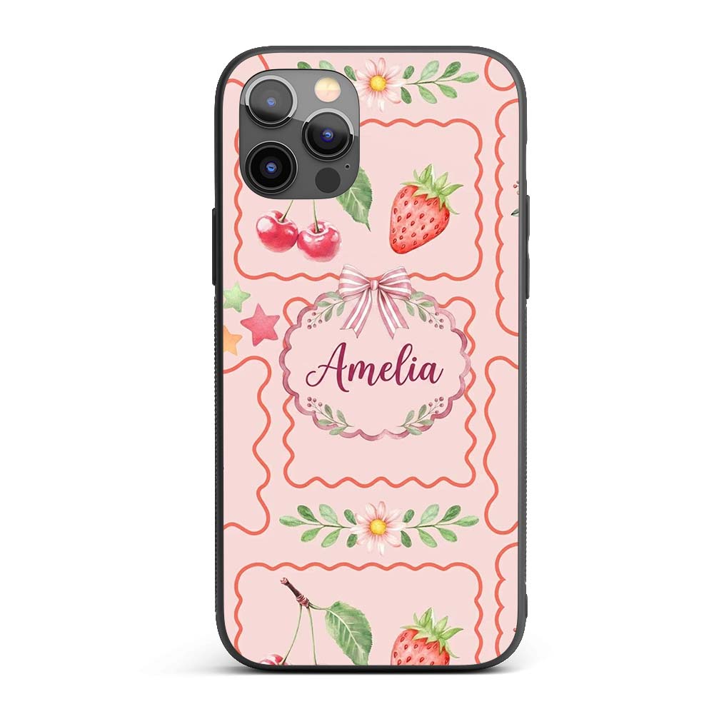 Watercolor Cherry Strawberry Bow Macaron Dessert Custom Name Protective Phone Case Mobile Cover Durable Everyday Smartphone Shock Resistant