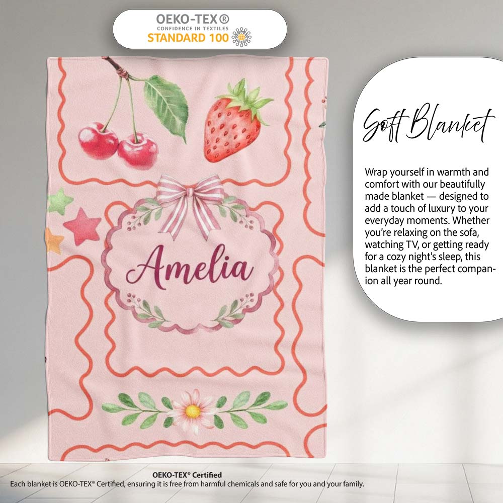 Watercolor Cherry Strawberry Bow Macaron Dessert Frame Blush Pink Personalised Custom Name Super Soft Fleece Blanket Bed Sofa Throw