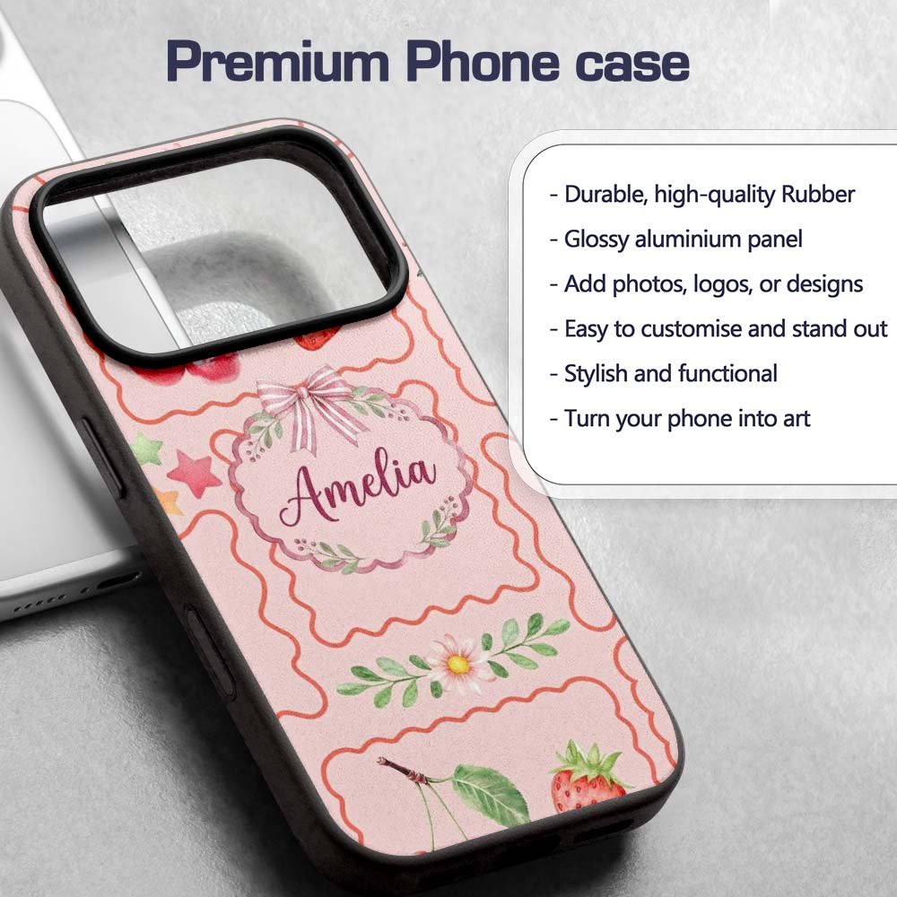 Watercolor Cherry Strawberry Bow Macaron Dessert Custom Name Protective Phone Case Mobile Cover Durable Everyday Smartphone Shock Resistant