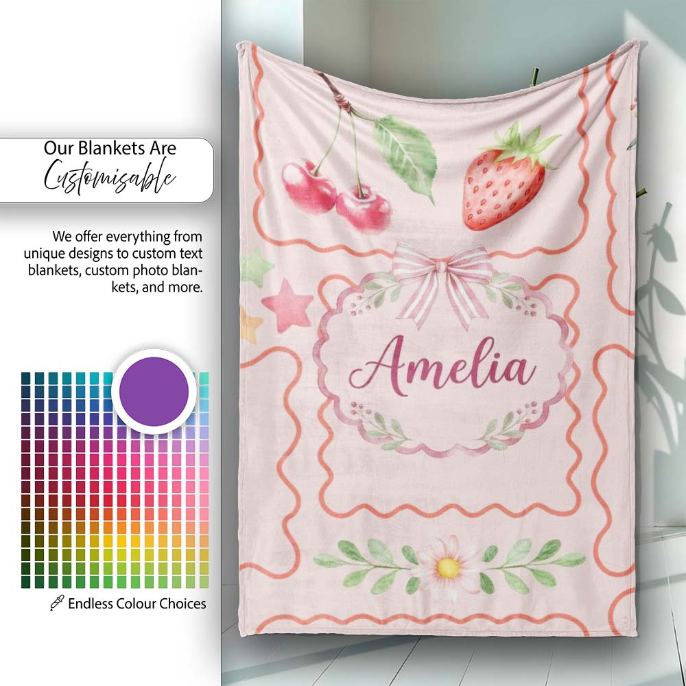 Watercolor Cherry Strawberry Bow Macaron Dessert Frame Blush Pink Personalised Custom Name Super Soft Fleece Blanket Bed Sofa Throw