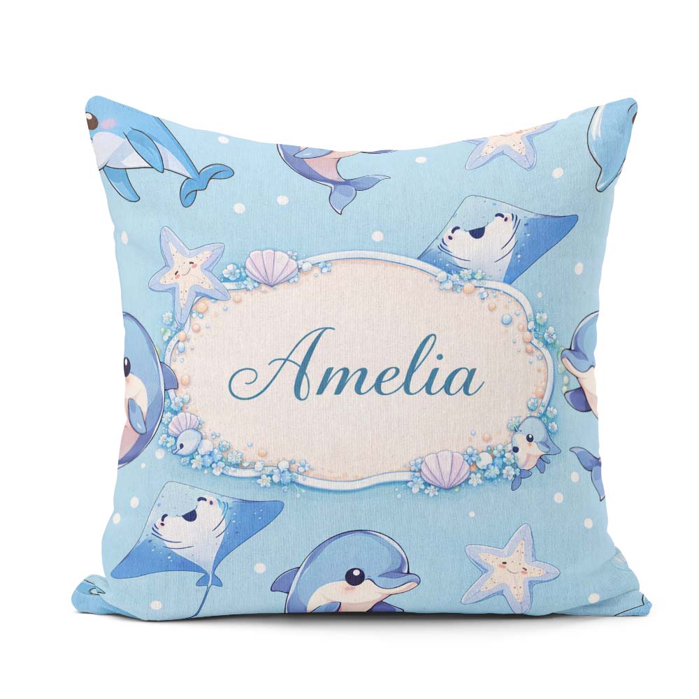Custom Name Dolphin Stingray Ocean Sea Life Soft Aqua Background Square Filled Cushion Throw Pillow Sofa Bed Home Decor Zip Washable UK Made