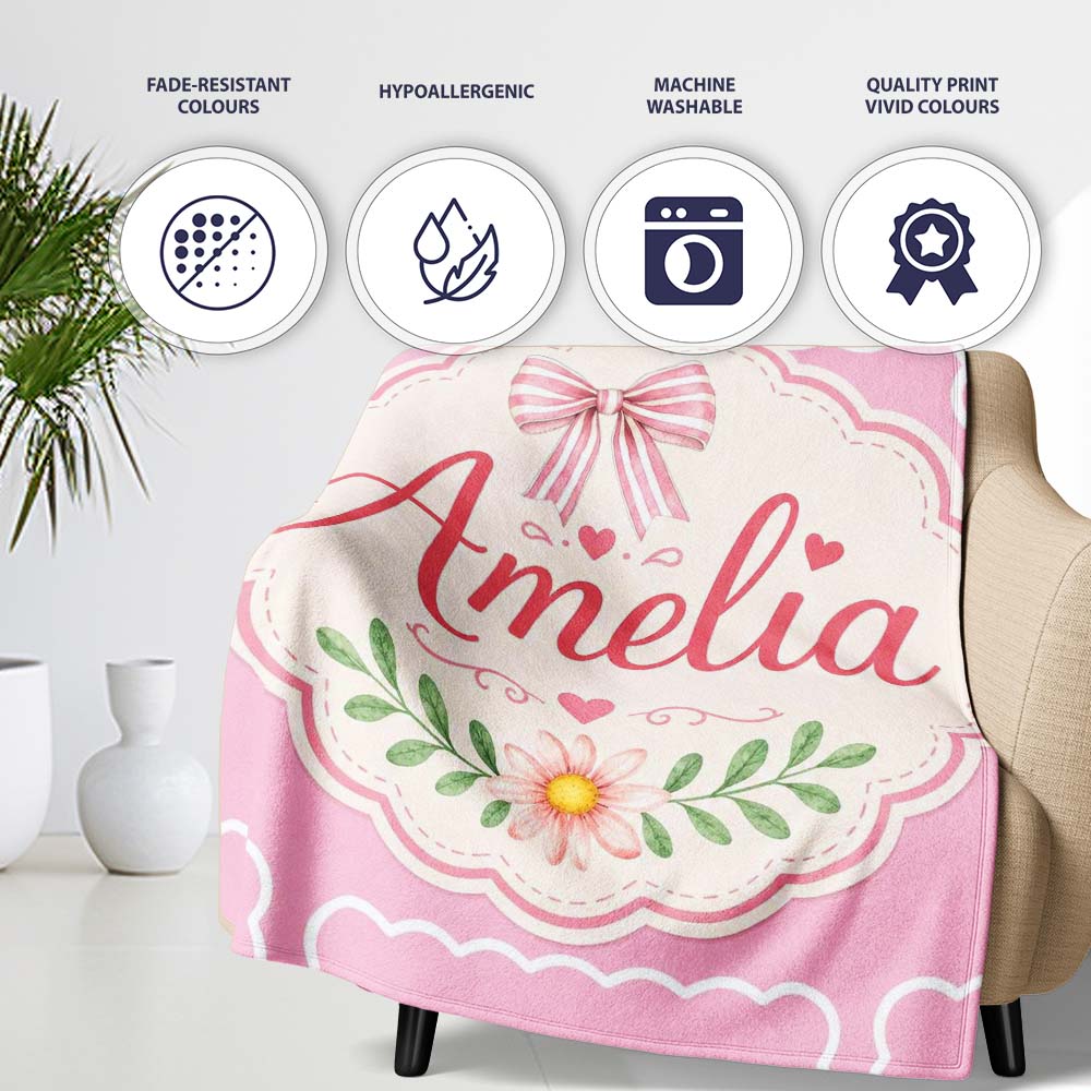 Cute Watercolor Cherry Strawberry Ribbon Bow and Macaron Frame Pink Personalised Custom Name Super Soft Fleece Blanket Bed Sofa Throw