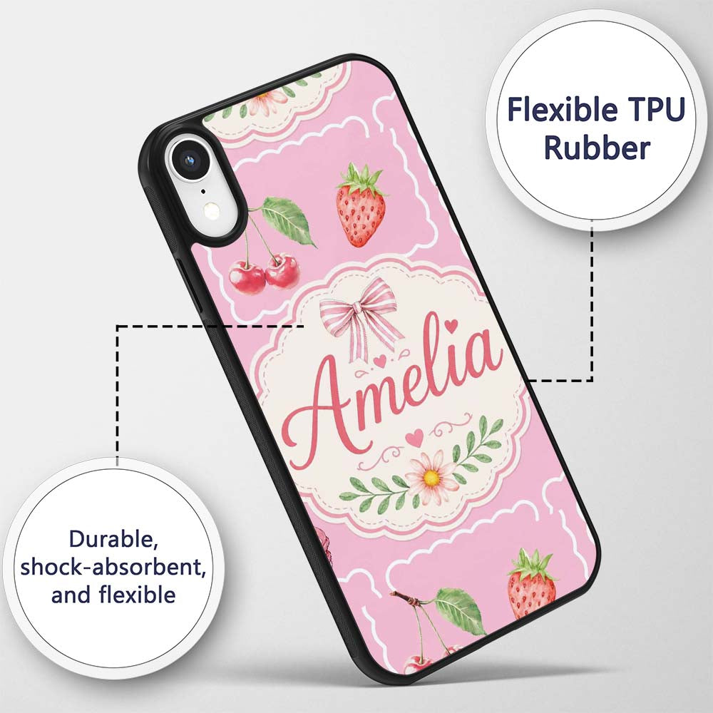 Cute Watercolor Cherry Strawberry Ribbon Bow and Custom Name Protective Phone Case Mobile Cover Durable Everyday Smartphone Shock Resistant