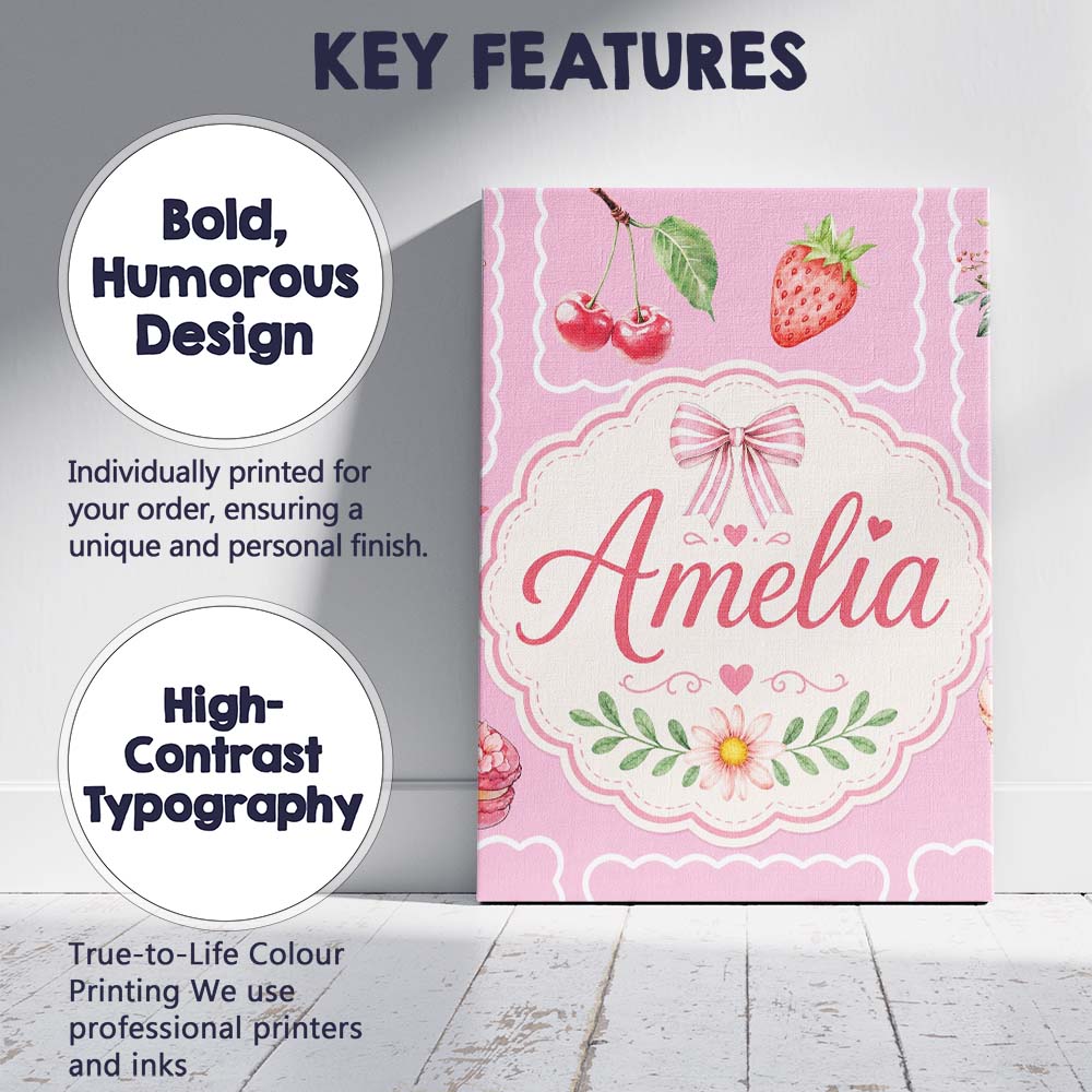 Personalised Name Cute Watercolor Cherry Custom Unique Gift Idea Elegant Feature Canvas Wall Art Print Decor Picture Ready to Hang