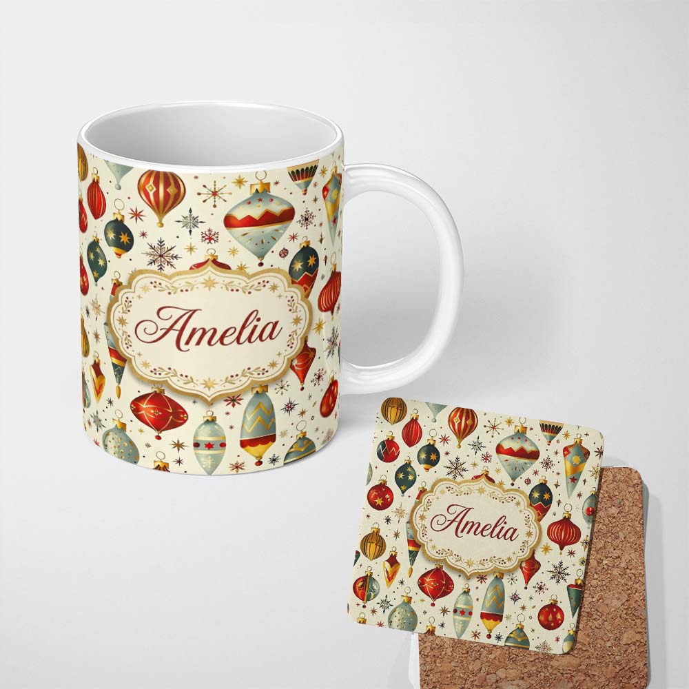 Personalized Custom Name Vintage Christmas Baubles Ornaments Stars Elegant Holiday Seamless 11oz Ceramic Coffee Tea Mug White Large Handle