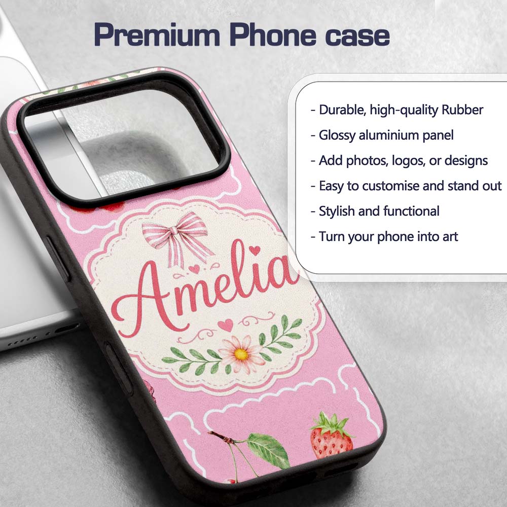 Cute Watercolor Cherry Strawberry Ribbon Bow and Custom Name Protective Phone Case Mobile Cover Durable Everyday Smartphone Shock Resistant