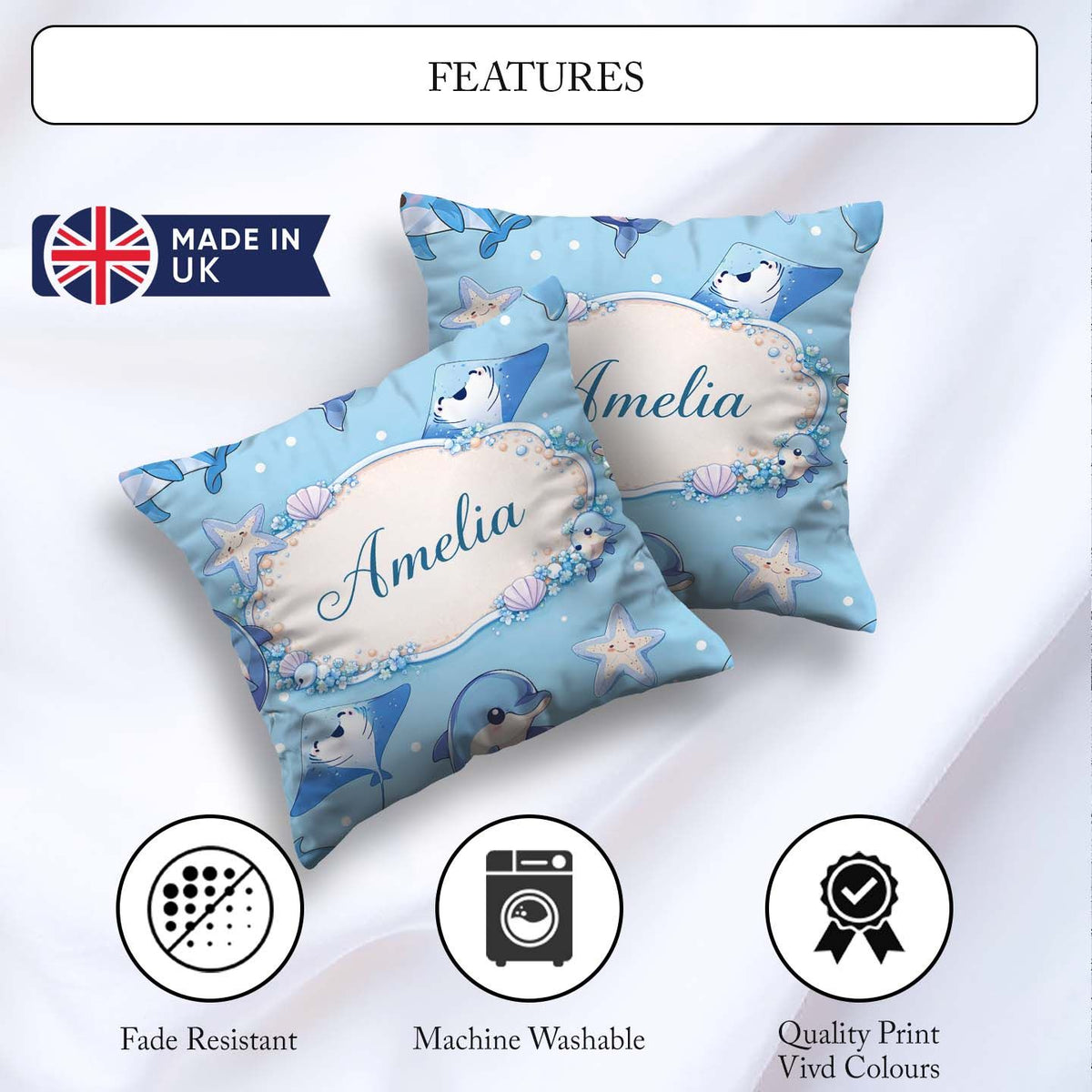 Custom Name Dolphin Stingray Ocean Sea Life Soft Aqua Background Square Filled Cushion Throw Pillow Sofa Bed Home Decor Zip Washable UK Made