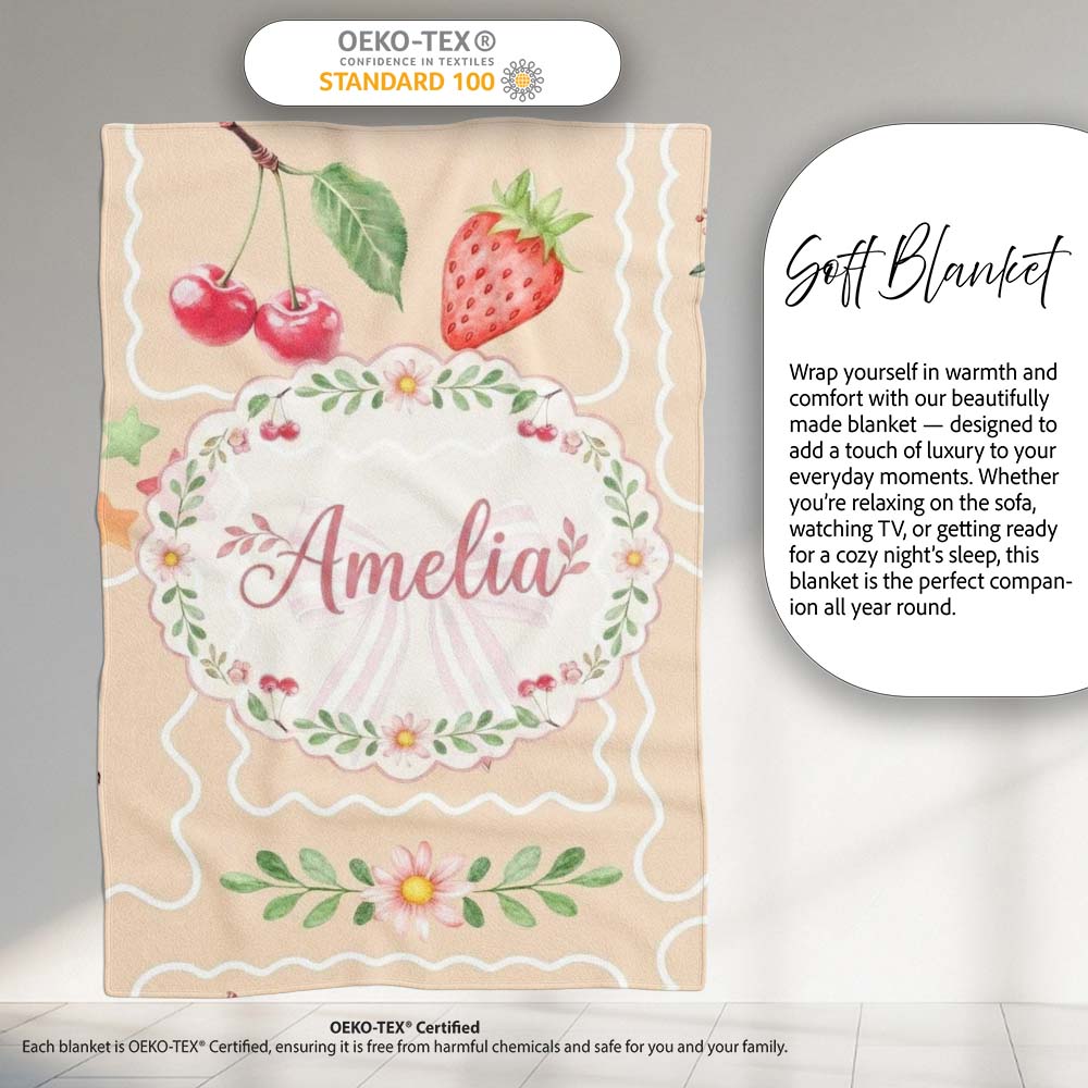 Cute Watercolor Cherry Strawberry Ribbon Bow and Macaron Frame Beige Personalised Custom Name Super Soft Fleece Blanket Bed Sofa Throw