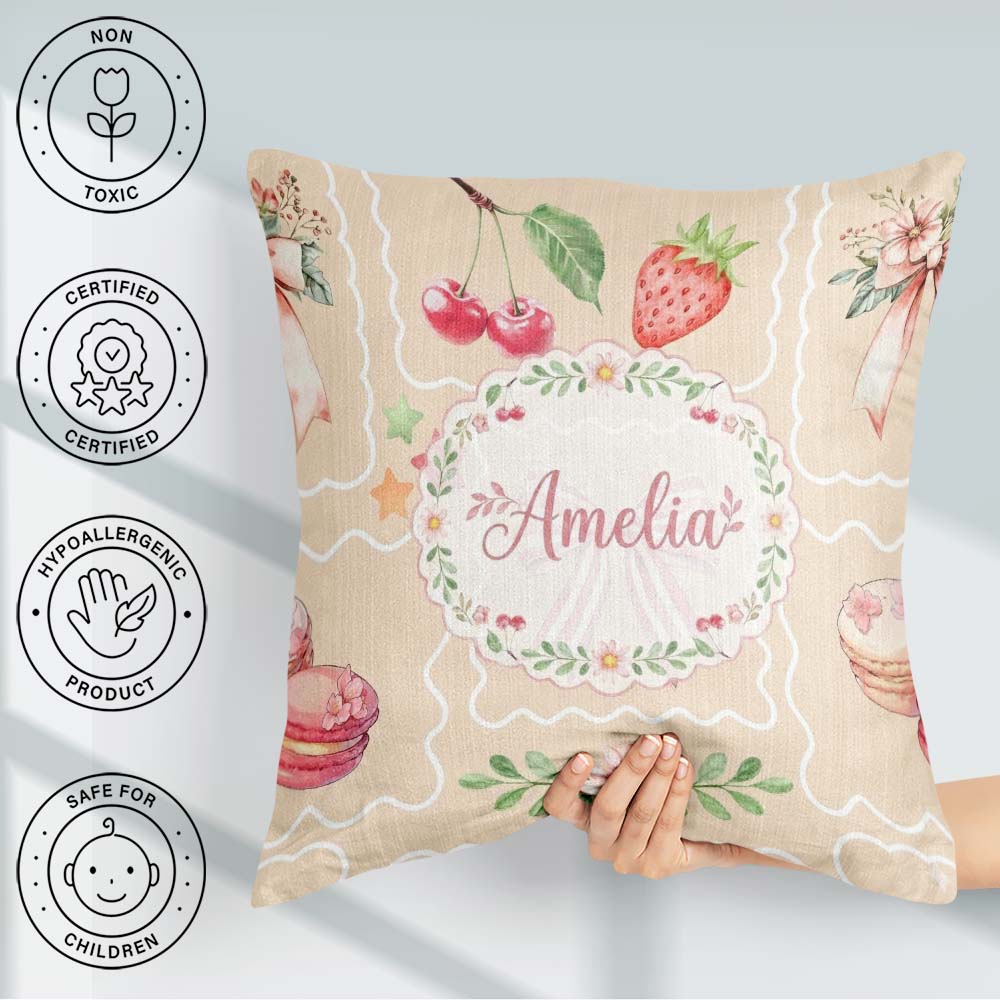 Custom Name Watercolor Cherry Ribbon Bow and Macaron Frame Beige Square Filled Cushion Throw Pillow Sofa Bed Home Decor Zip Washable UK Made