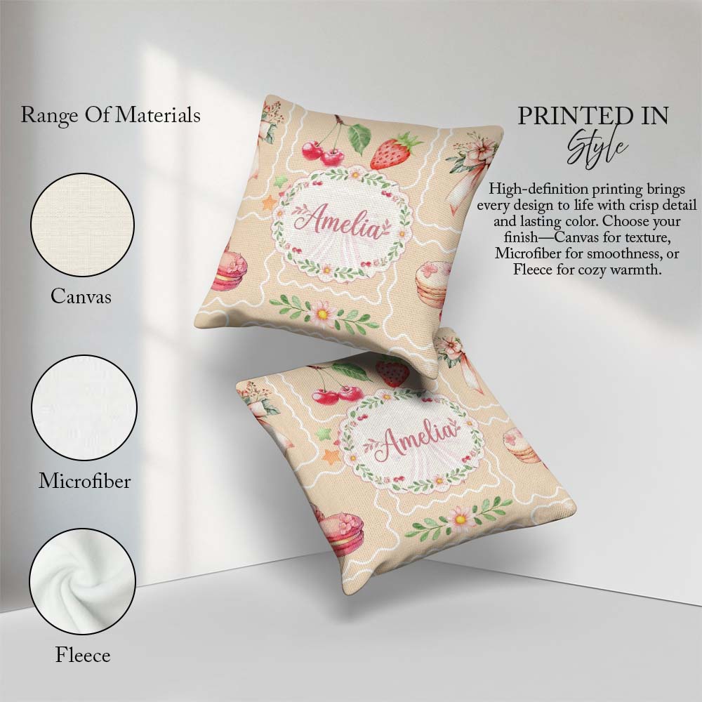 Custom Name Watercolor Cherry Ribbon Bow and Macaron Frame Beige Square Filled Cushion Throw Pillow Sofa Bed Home Decor Zip Washable UK Made