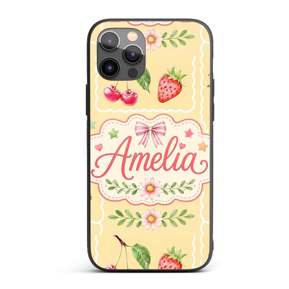 Cute Watercolor Cherry Strawberry Ribbon Bow Custom Name Protective Phone Case Mobile Cover Durable Everyday Smartphone Shock Resistant