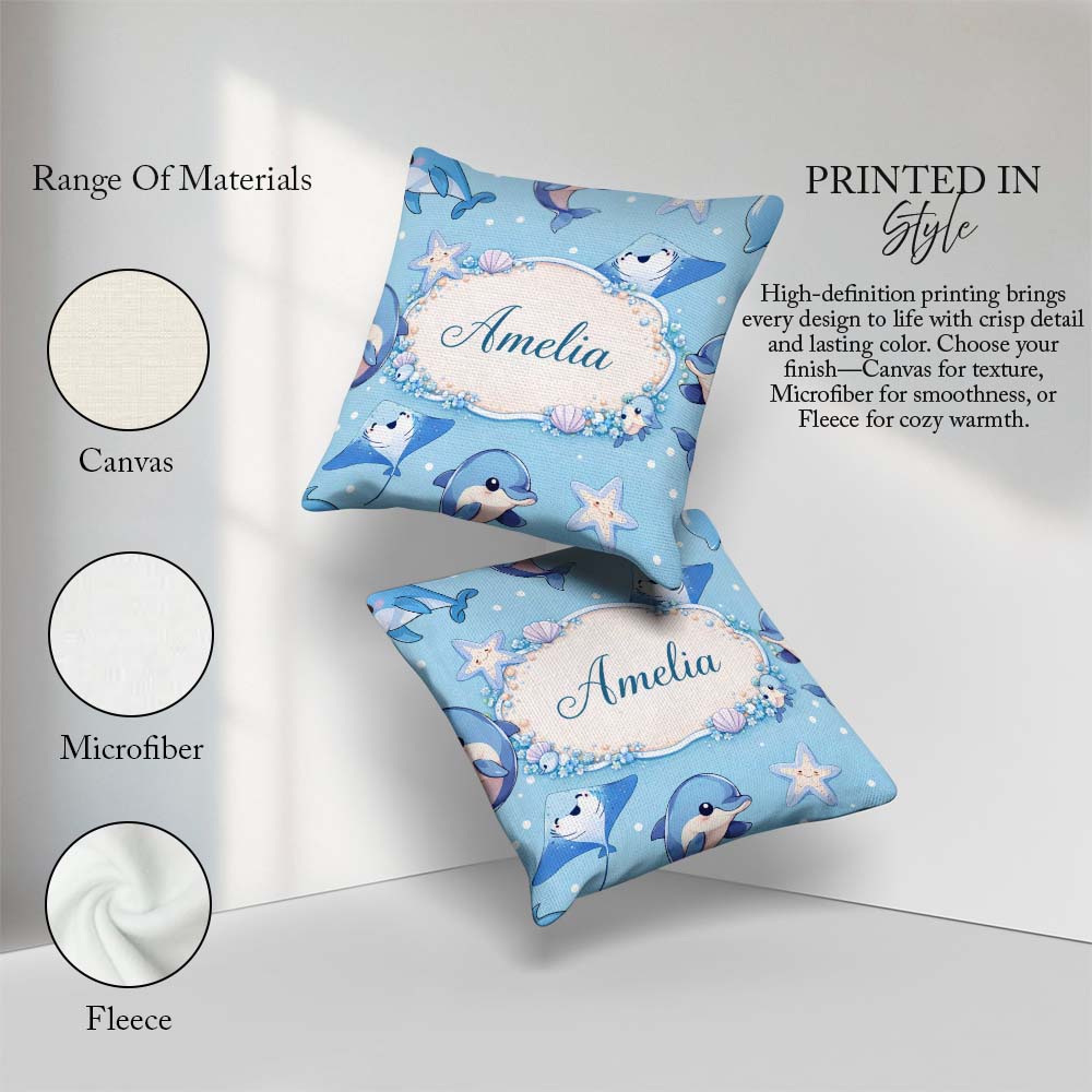 Custom Name Dolphin Stingray Ocean Sea Life Soft Aqua Background Square Filled Cushion Throw Pillow Sofa Bed Home Decor Zip Washable UK Made