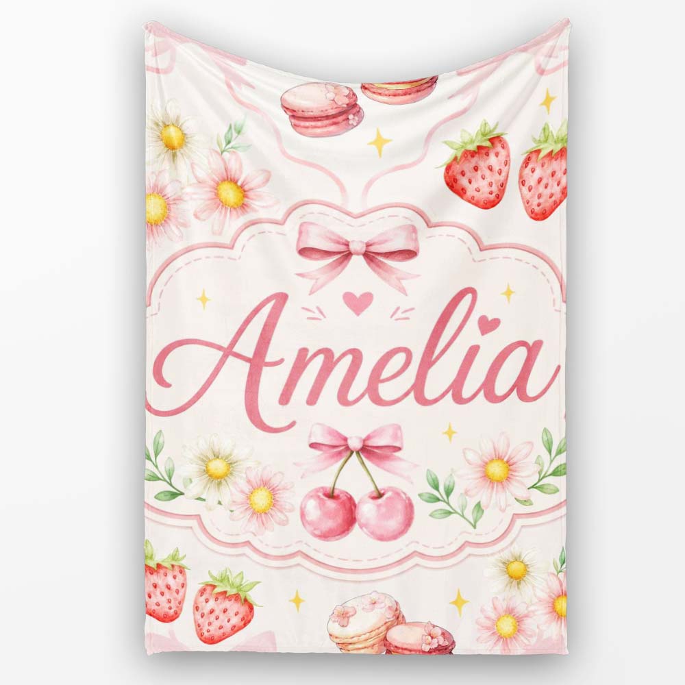 Cute Watercolor Cherry Strawberry Daisy Flowers Pink Bow Light Grey Personalised Custom Name Super Soft Fleece Blanket Bed Sofa Throw