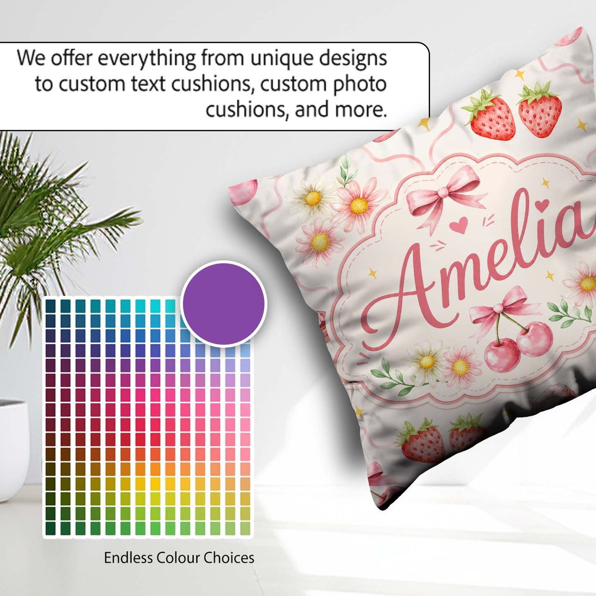 Custom Name Watercolor Cherry Daisy Flowers Pink Bow Light Grey Square Filled Cushion Throw Pillow Sofa Bed Home Decor Zip Washable UK Made