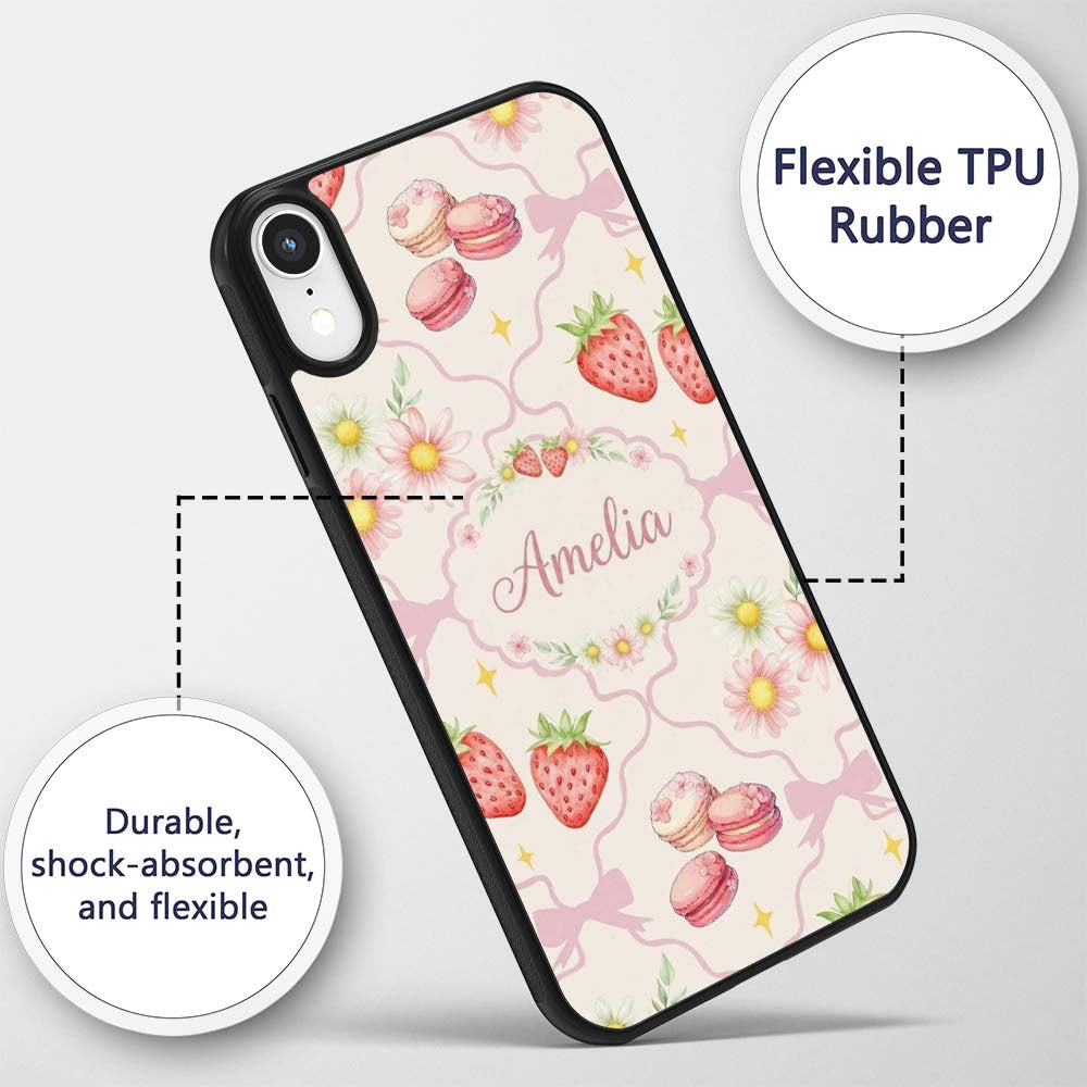 Cute Watercolor Cherry Strawberry Daisy Flowers Custom Name Protective Phone Case Mobile Cover Durable Everyday Smartphone Shock Resistant