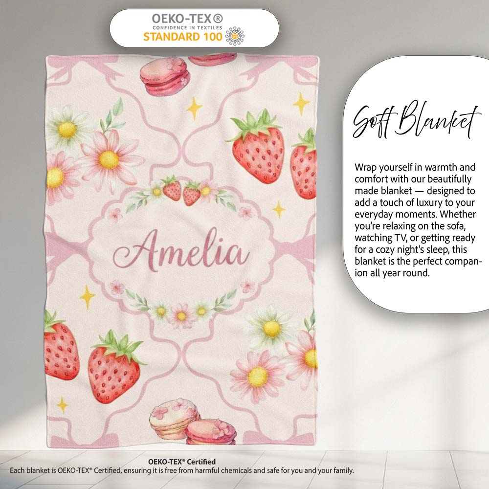 Cute Watercolor Cherry Strawberry Daisy Flowers Pink Bow Soft Cream Personalised Custom Name Super Soft Fleece Blanket Bed Sofa Throw