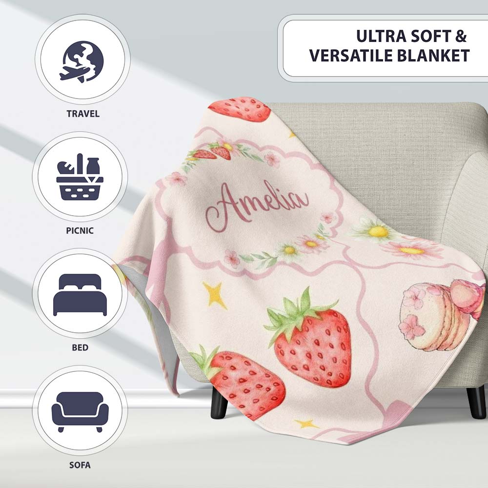 Cute Watercolor Cherry Strawberry Daisy Flowers Pink Bow Soft Cream Personalised Custom Name Super Soft Fleece Blanket Bed Sofa Throw