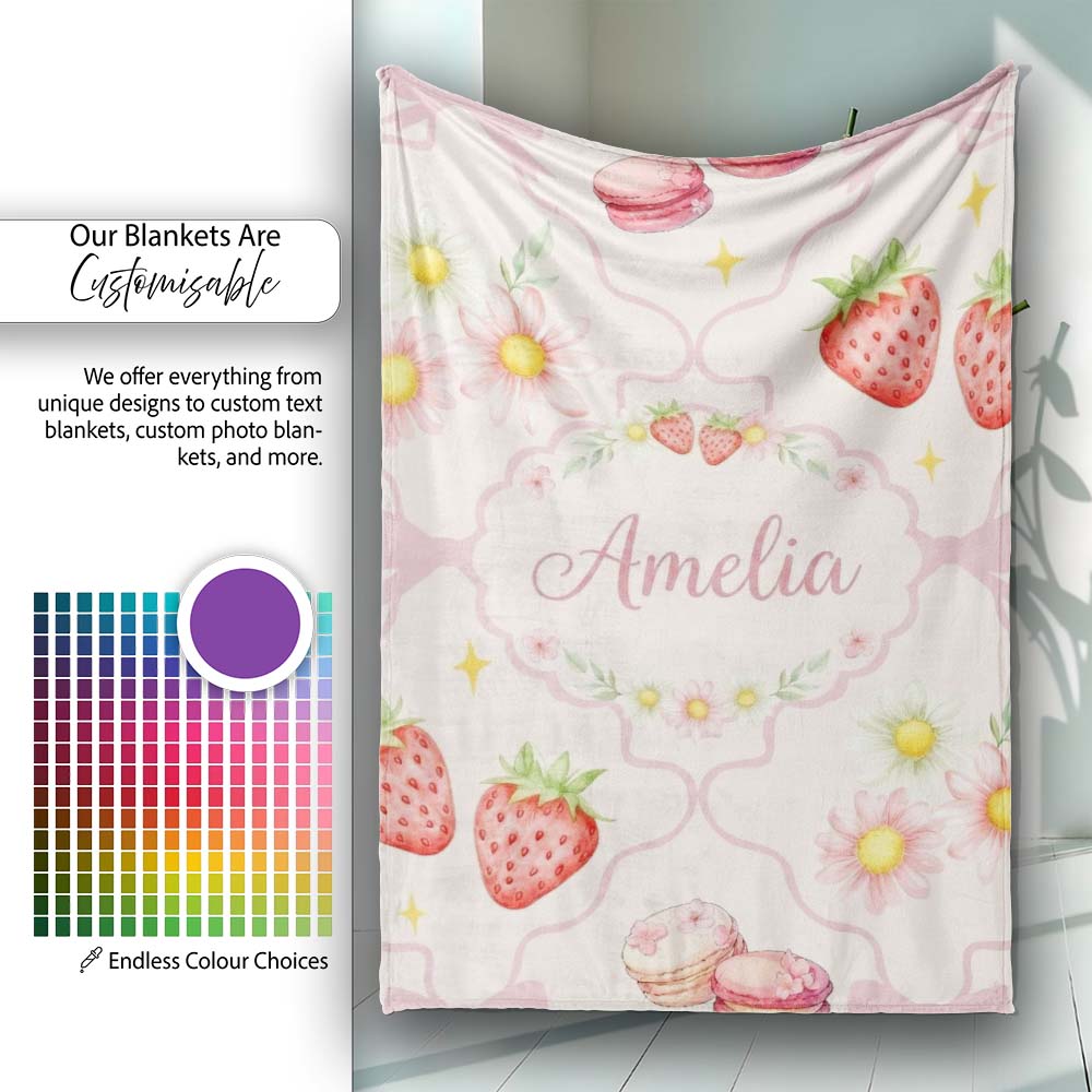 Cute Watercolor Cherry Strawberry Daisy Flowers Pink Bow Soft Cream Personalised Custom Name Super Soft Fleece Blanket Bed Sofa Throw