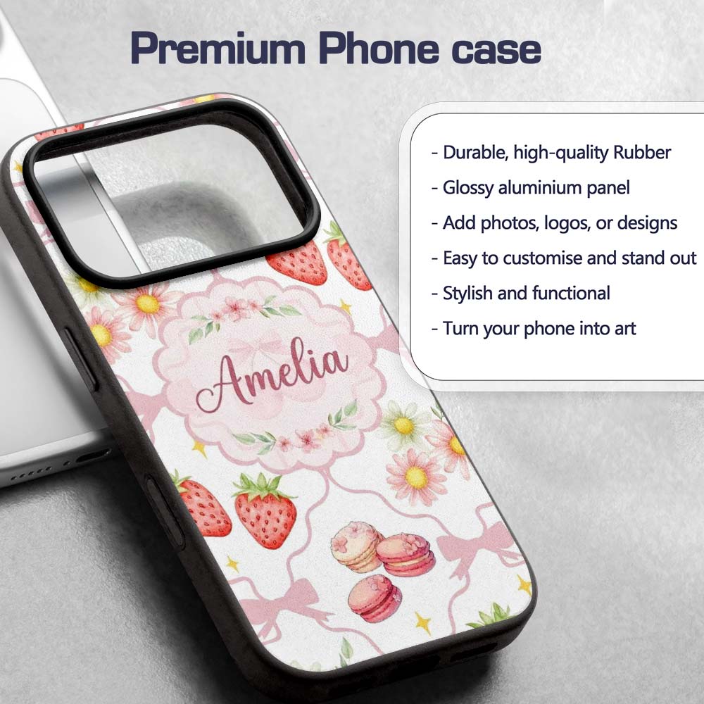 Cute Watercolor Cherry Strawberry Daisy Flowers Custom Name Protective Phone Case Mobile Cover Durable Everyday Smartphone Shock Resistant